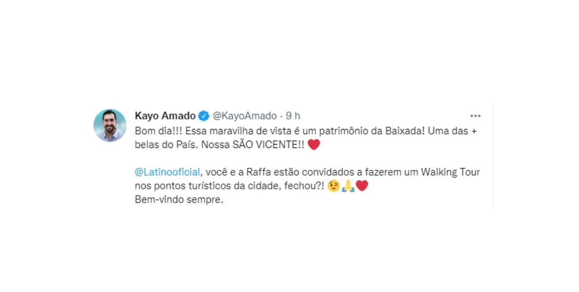  Kayo Amado convida Latino para fazer tour em São Vicente após cantor confundir a cidade com Santos 