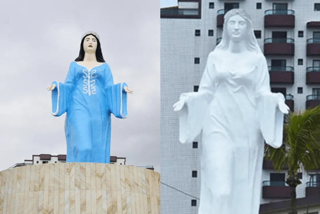 Estátua de Iemanjá em Praia Grande antes e depois da reforma