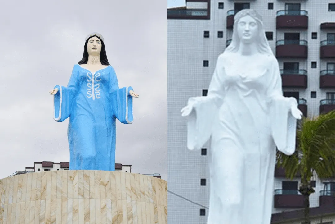 Estátua de Iemanjá em Praia Grande ante e depois da reforma