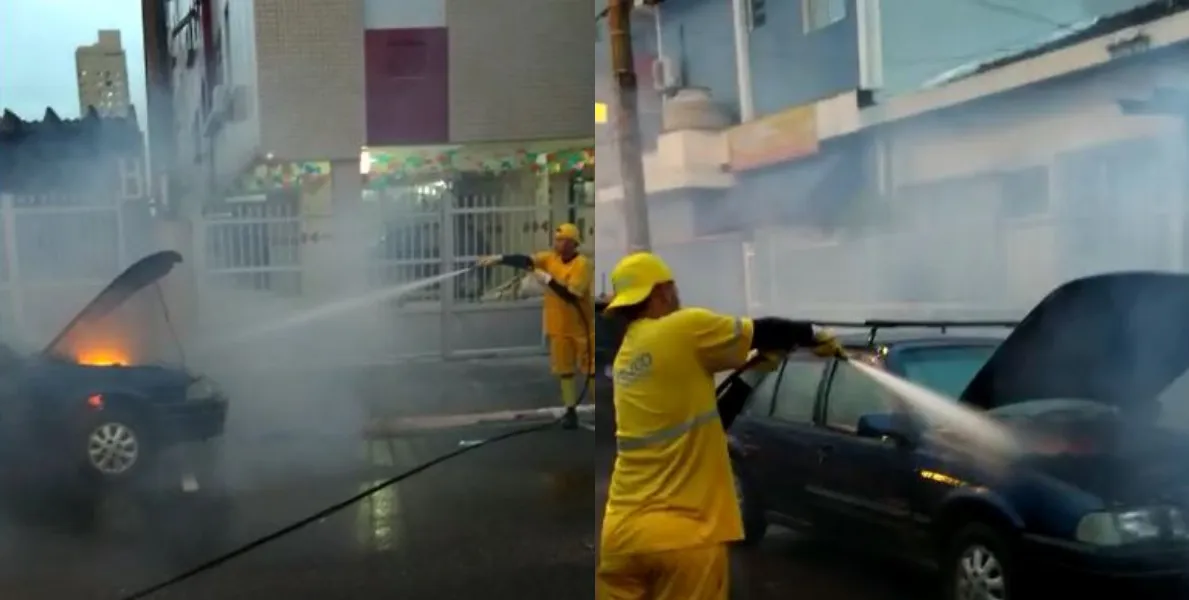   Carro pega fogo em Praia Grande e profissionais da limpeza usam mangueira para controlar as chamas  