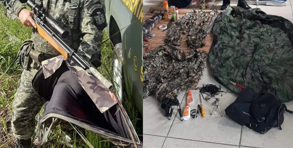  GCM Ambiental captura caçador com espingarda e itens de caça em São Vicente 