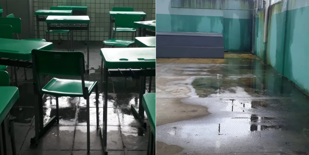  Escola Carolina Dantas, em São Vicente, sofre com poças d'água e goteiras 