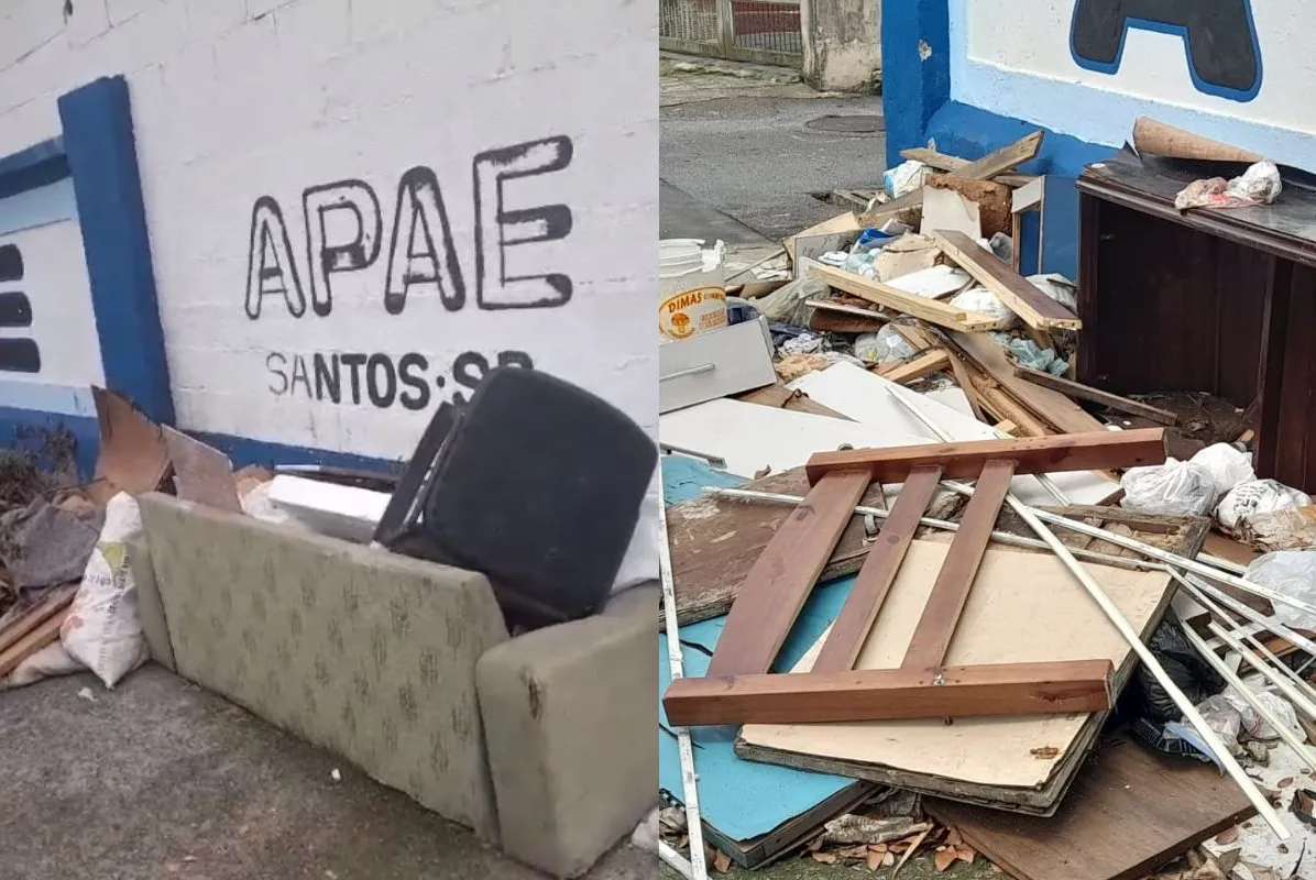 Lixo está em frente à Apae de Santos, na Vila Mathias