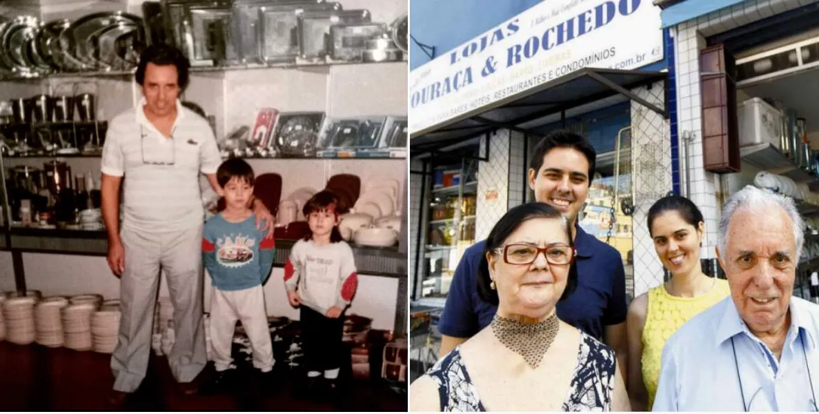    Libório com os filhos Kátia e Renato e a família anos depois, em frente à loja   