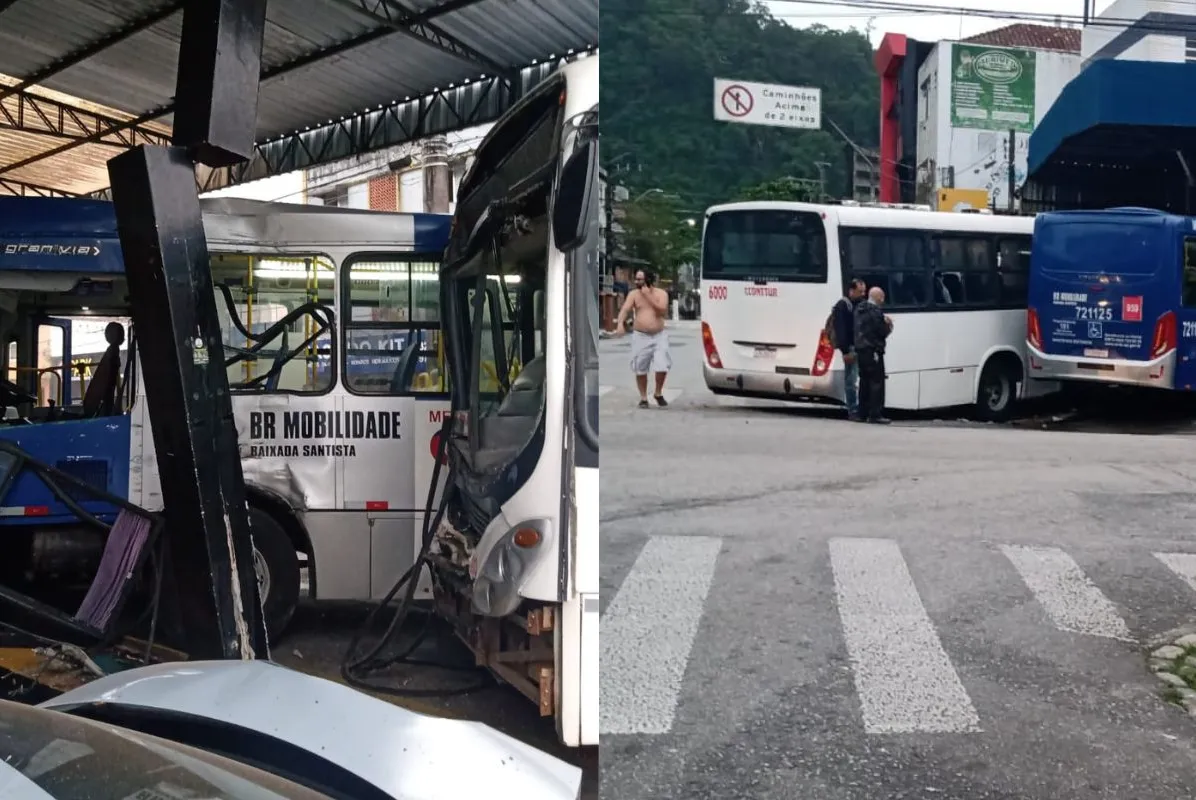 Dois ônibus invadiram um posto de gasolina desativo após a batida. Três carros que estavam estacionados no local também foram atingidos