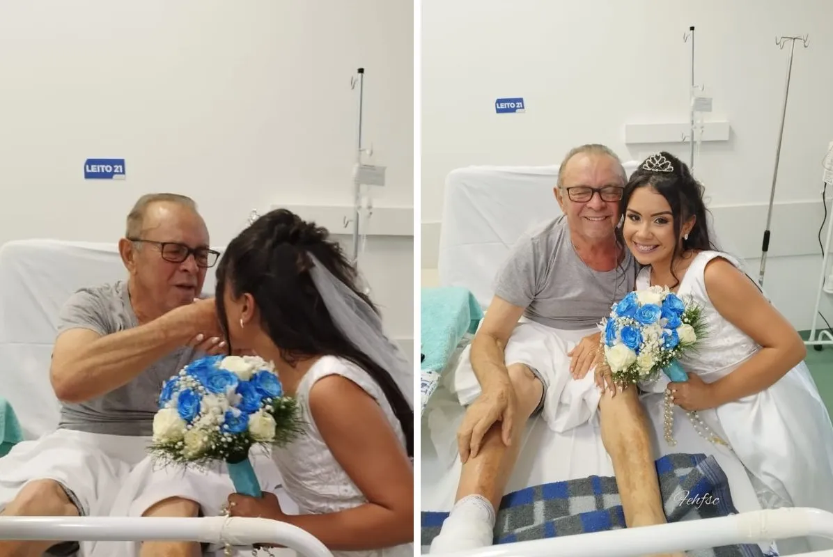 Thais foi até o hospital para que avô pudesse vê-la vestida de noiva