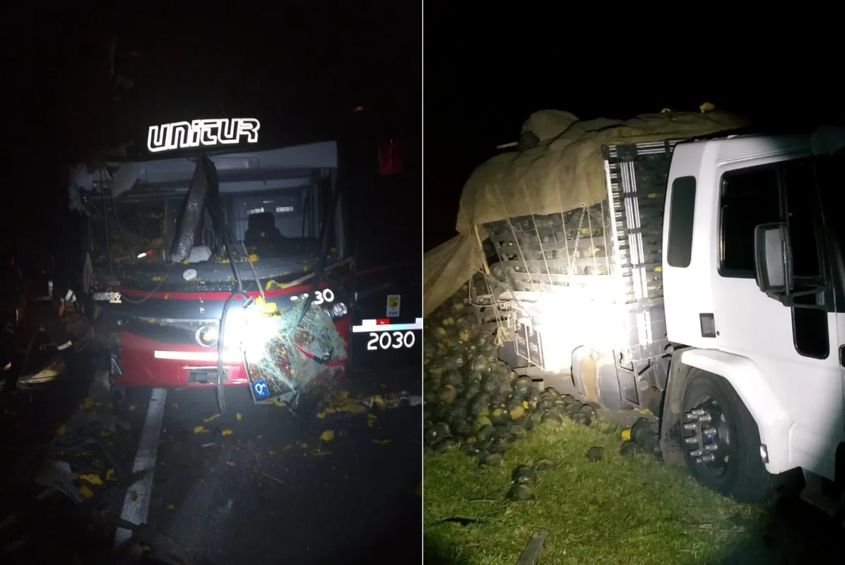 Caminhão e ônibus se envolveram em acidente na altura de Cajati
