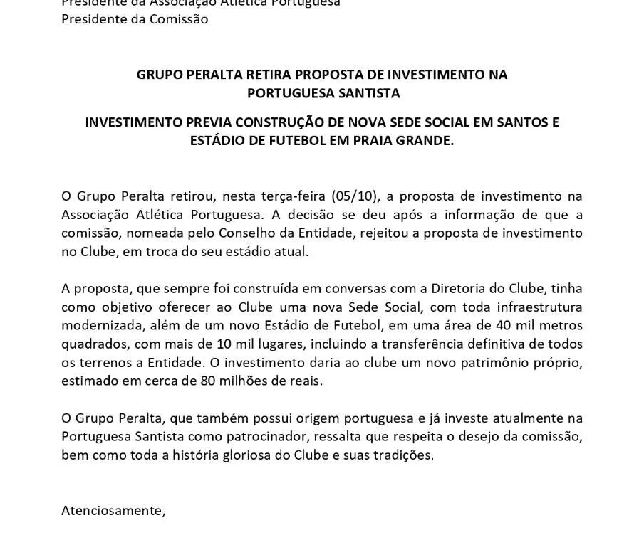  Grupo Peralta divulga comunicado sobre desistência de projeto 