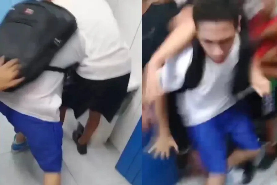 Vídeo publicado nas redes sociais mostra Carlos sendo agredido no banheiro da escola