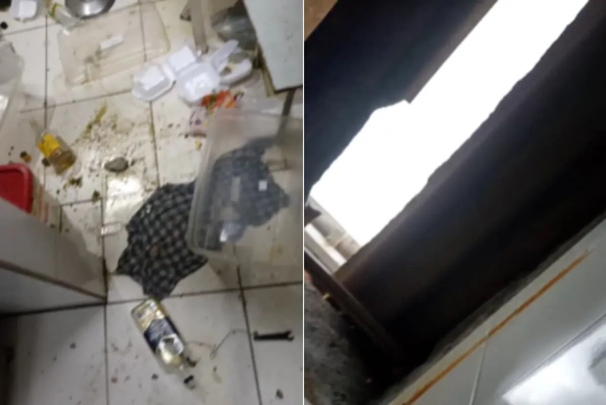 Após abrir 'buraco' no teto de restaurante, criminoso revirou cozinha e jogou garrafa de uísque no chão