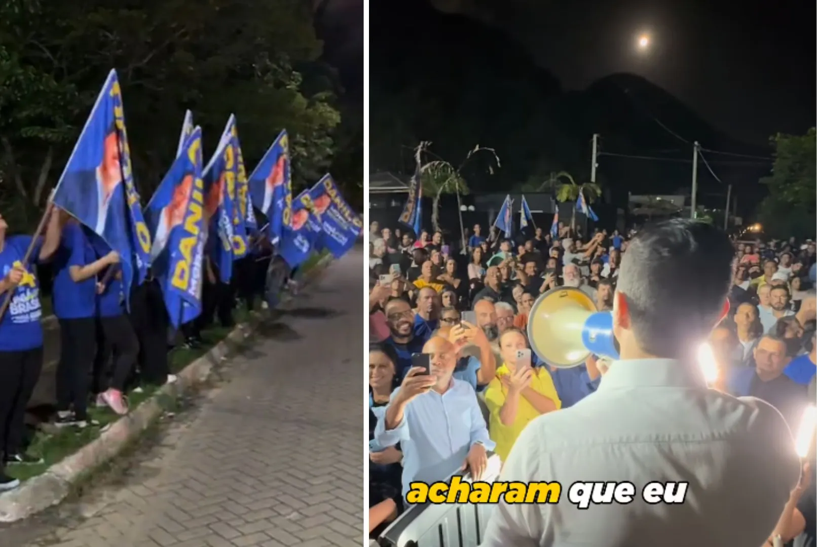 Danilo Morgado discursa com megafone para seguidores e eleitores. Evento contou com trabalhadores vestidos com as cores e números do partido