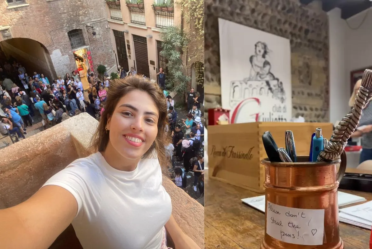 A jornalista Carolina Faccioli no balcão de Julieta, em Verona; e a mesa onde as cartas são escritas: devoção ao amor