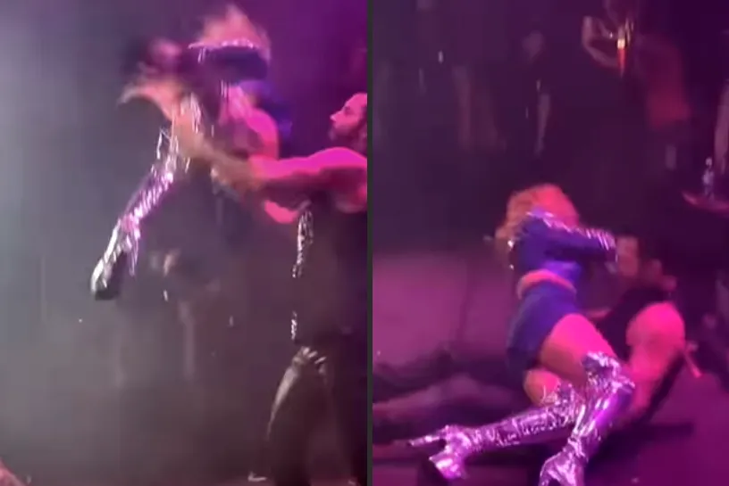 Cantora caiu no palco com dançarino da equipe, mas não se machucaram