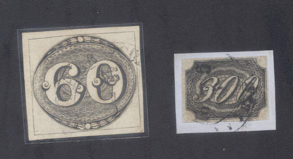 O Olho de Boi de 60 réis (1843) e o valioso e raro inclinado de 300 réis (1844). Foram os primeiros selos do Brasil e das Américas