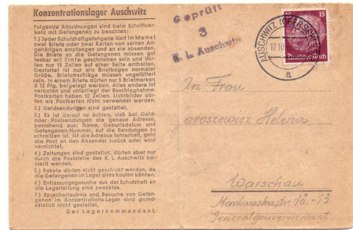 Carta enviada a partir do campo de concentração de Auschwitz, em 17 de outubro de 1942, com destino a Varsóvia