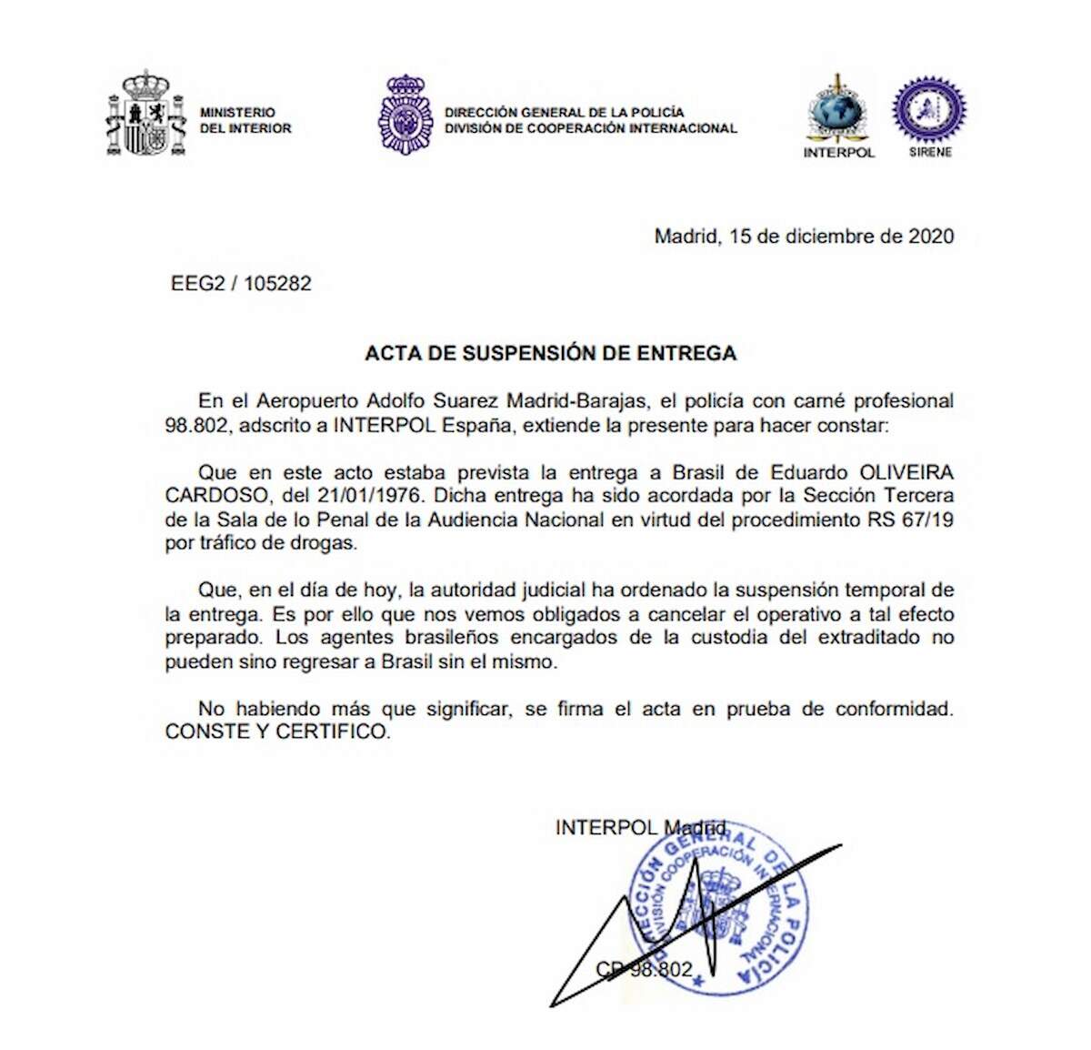 Documento que suspende a extradição de Eduardo Cardoso