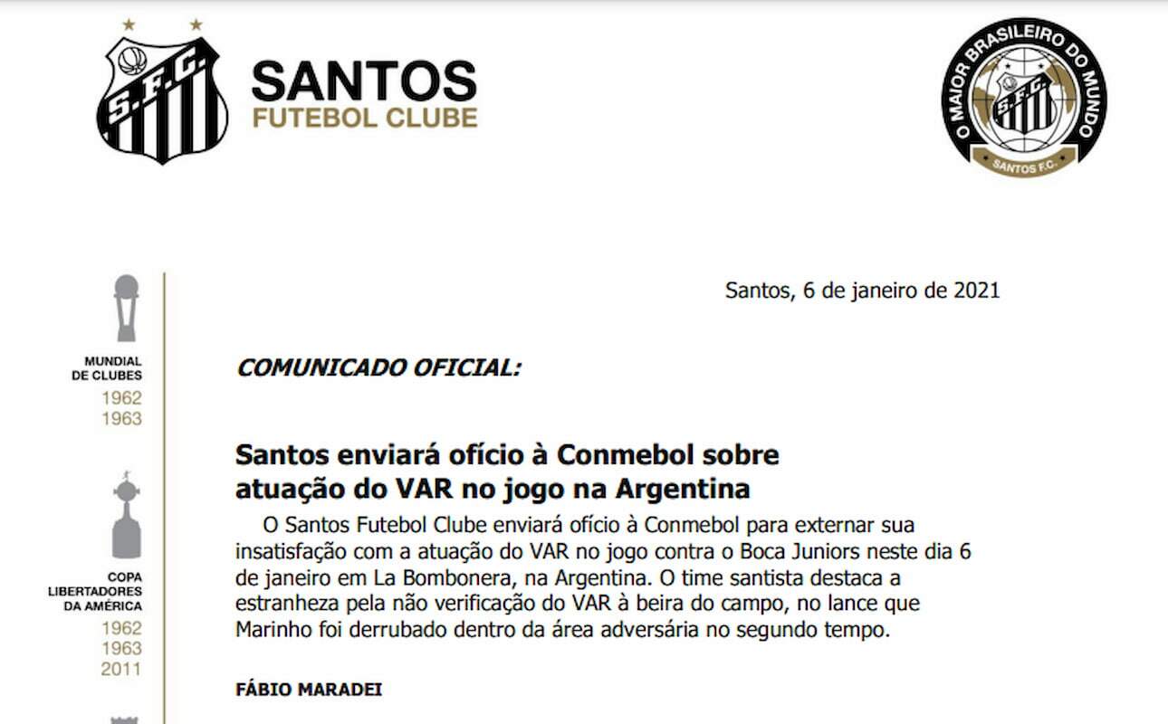 Comunicado oficial do Santos Futebol Clube sobre o VAR no jogo contra o Boca Juniors