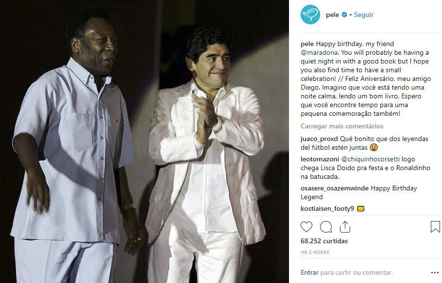 Pelé parabenizou o amigo Maradona no Instagram 