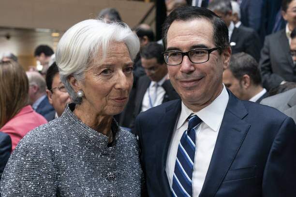 A diretora-gerente do FMI, Christine Lagarde, e o secretário do Tesouro dos EUA, Steven Mnuchin