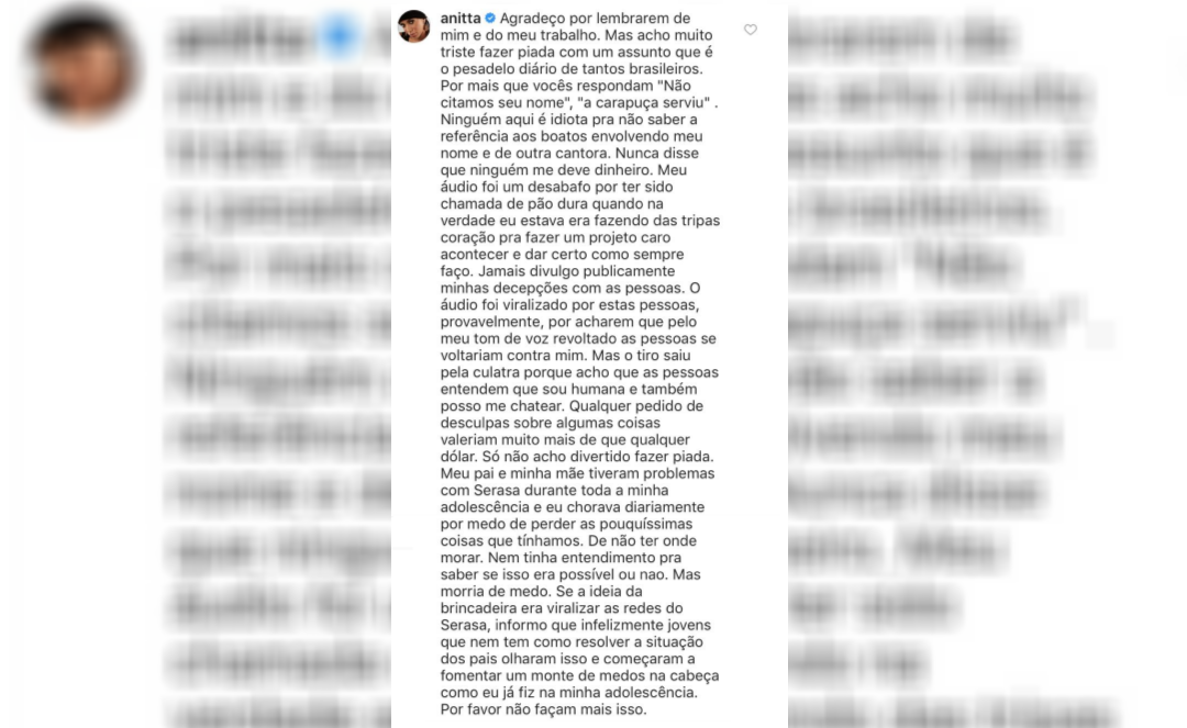 Anitta se sentiu cutucada pela publicação e fez um desabafo nos comentários 