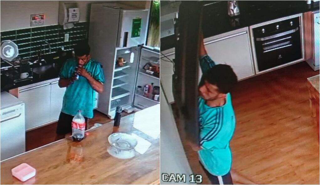 Câmeras flagraram criminoso furtando um aparelho de televisão e bebendo um refrigerante