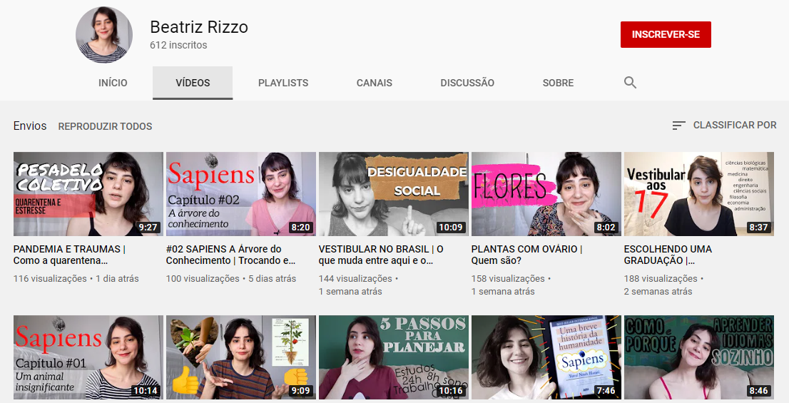 Canal do YouTube da estudante leva o nome dela: Beatriz Rizzo. Vídeos são sobre ciência, Biologia, Vestibular e faculdade 