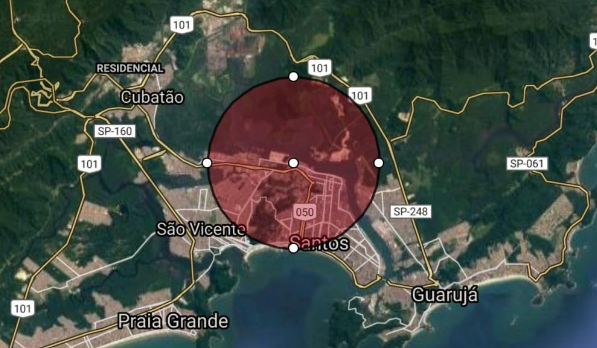 Simulação mostra como explosão afetaria a região da Baixada Santista