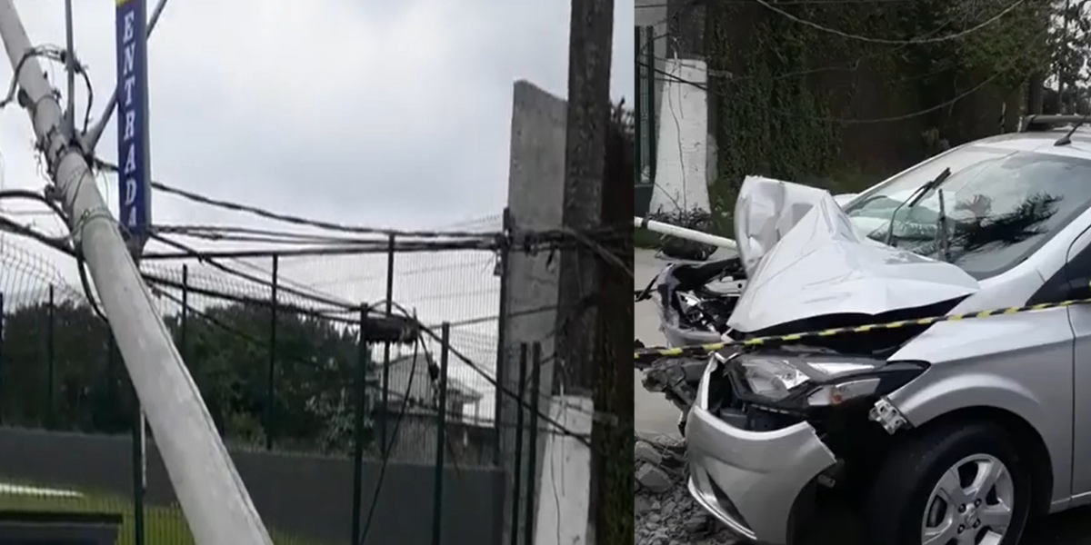 Poste ficou destruído após batida forte de carro na Avenida Penedo