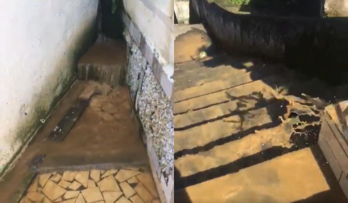 Água suja invadiu quintal de casa, e seguiu pela escadaria do morro 