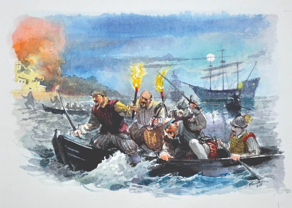 Pintura à óleo sobre o ataque de Thomas Cavendish, publicada no site 