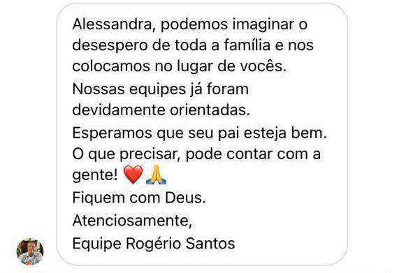 Assessoria de Rogério Santos respondeu publicação de Alessandra após o caso em que seu pai esperou por socorro do Samu 