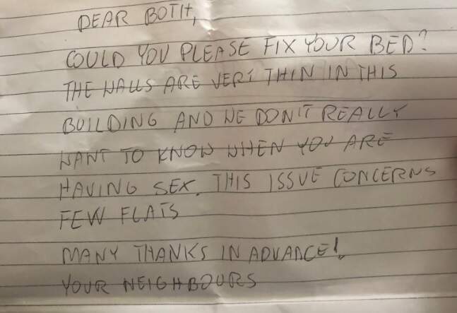 Vizinho enviou carta reclamando de sexo barulhento