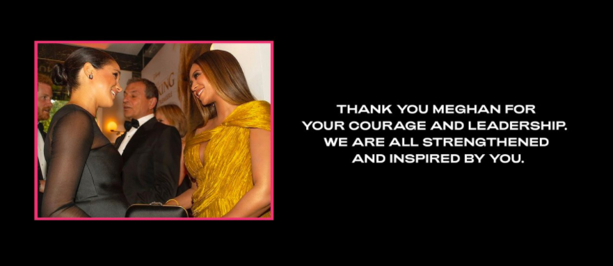 Legenda: Beyoncé compartilhou o recado com Meghan, demonstrando apoio à Duquesa. 