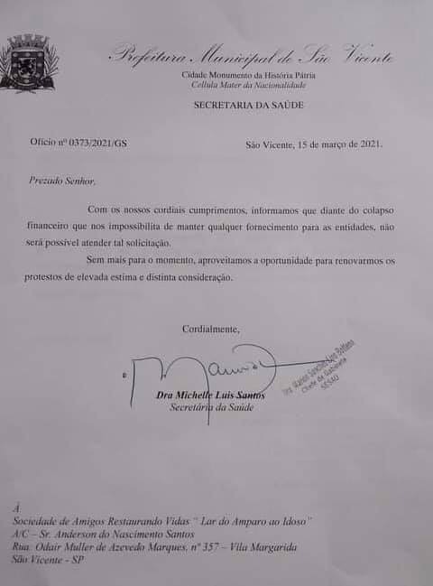 Documento assinado pela secretária de Saúde afirma que prefeitura não tem como manter fornecimento de repasses à entidades da cidade 