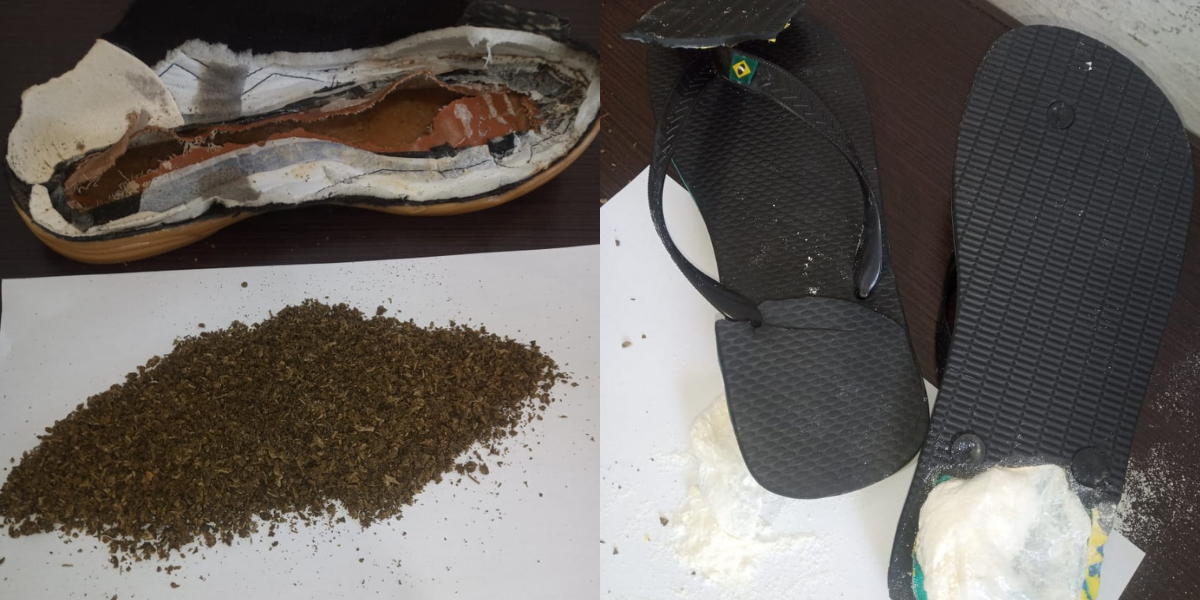 Agentes encontraram 85 gramas de cocaína e 65 gramas de maconha em um par de tênis e de chinelos